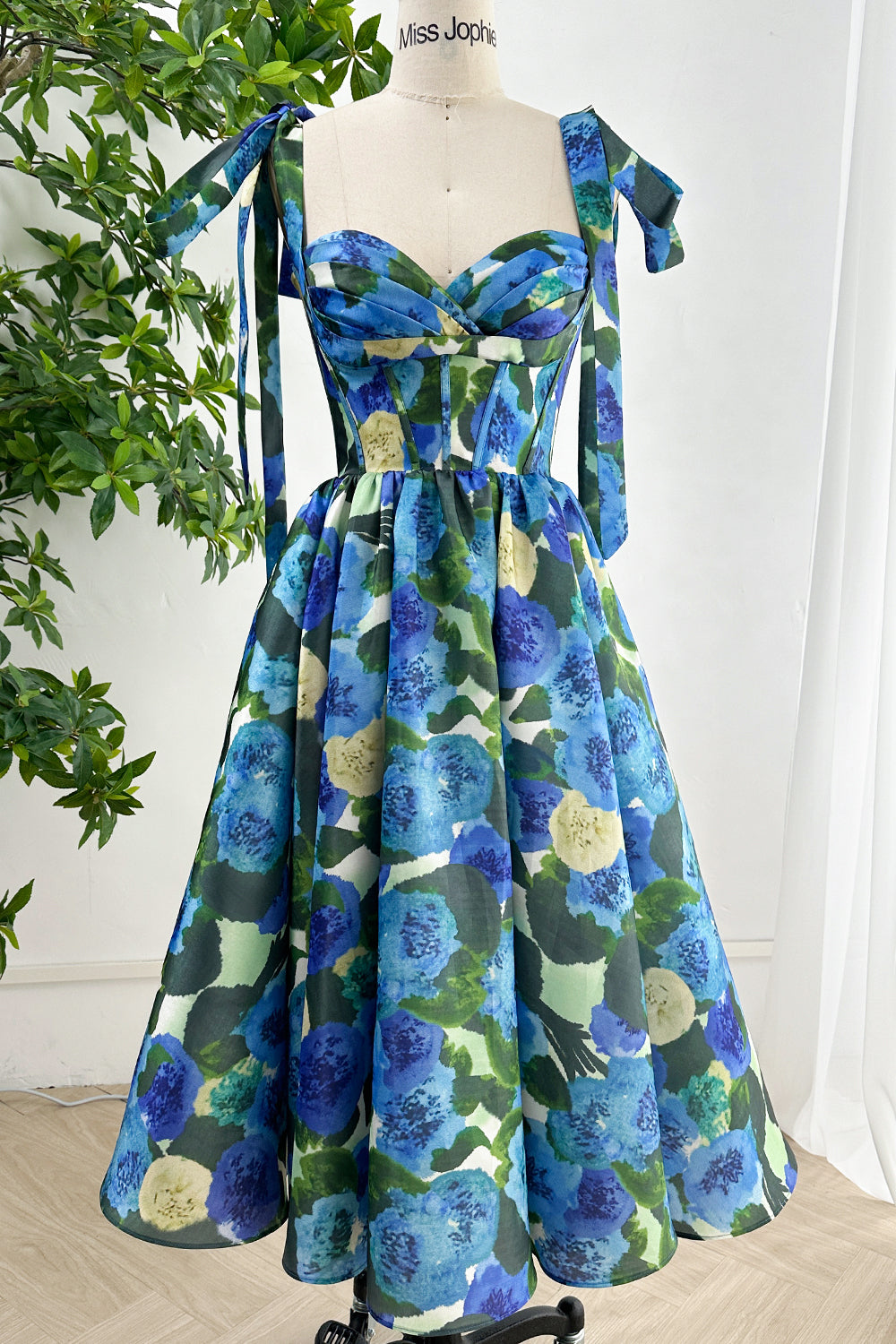 MissJophiel Corset Blue Green Floral Print Satin Dress Tie Straps