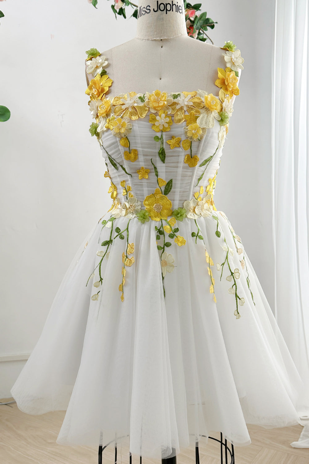 Corset Yellow Floral Applique Mini Ivory Dress
