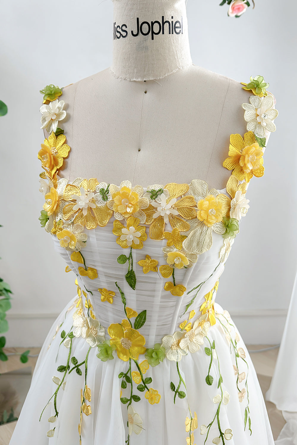 Corset Yellow Floral Applique Mini Ivory Dress