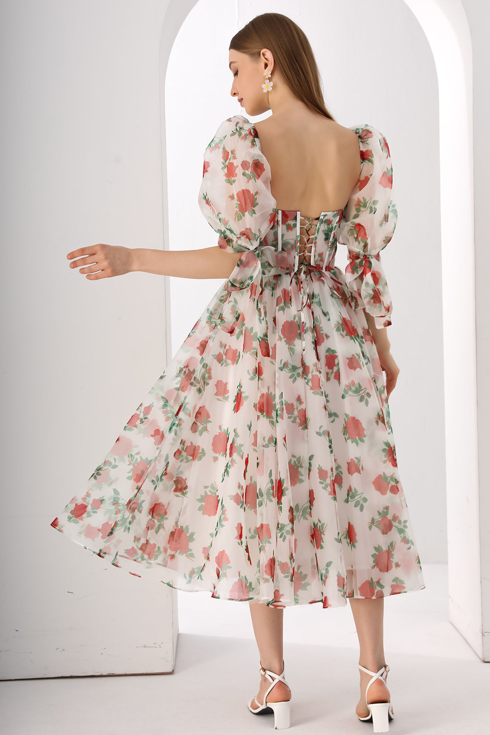 MissJophiel Corset Floral Print Organza Midi Dress with Puff Sleeves Floral Print / Above Knee / US2 MissJophiel Corset Floral Print Organza Midi Dress with Puff Sleeves Floral Print / Above Knee / US2