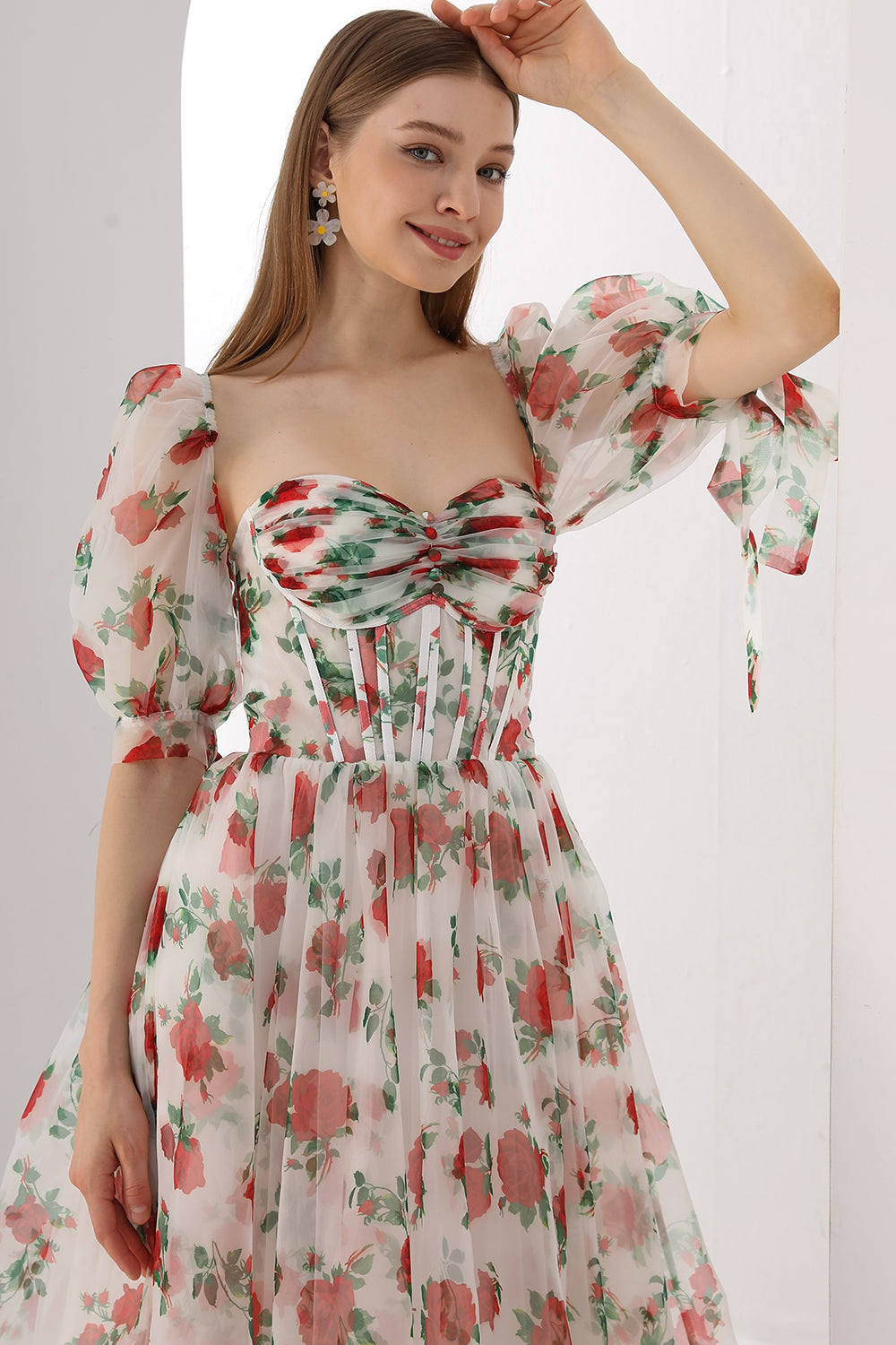 Corset Floral Print Organza Midi Dress with Puff Sleeves