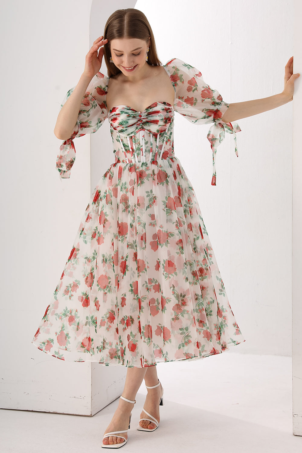 MissJophiel Corset Floral Print Organza Midi Dress with Puff Sleeves Floral Print / Above Knee / US2