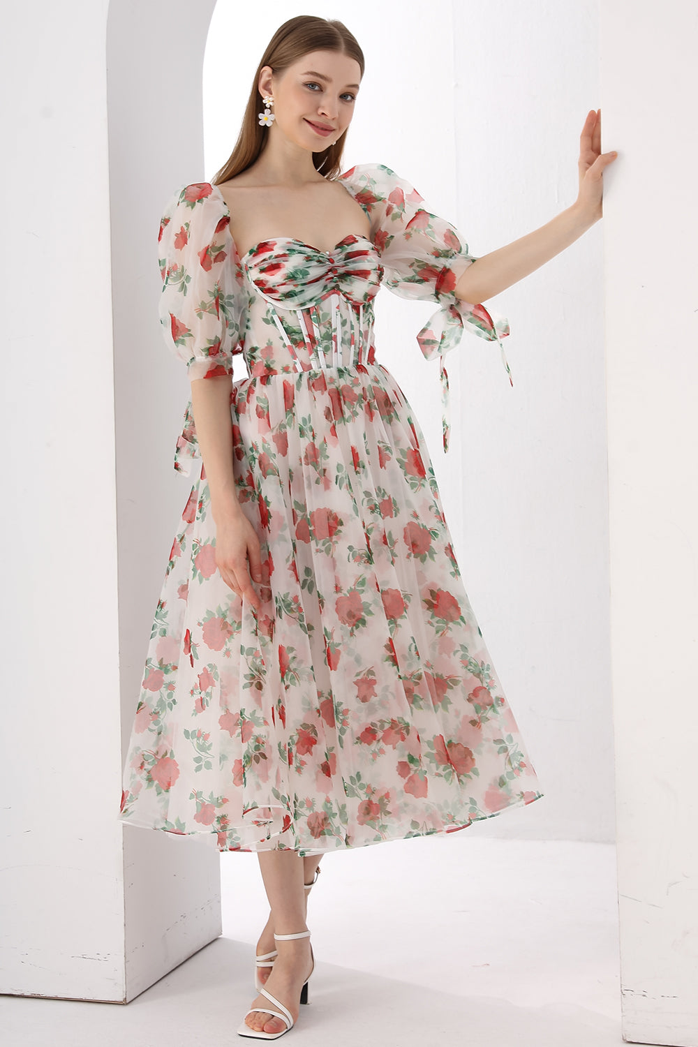 Corset Floral Print Organza Midi Dress with Puff Sleeves