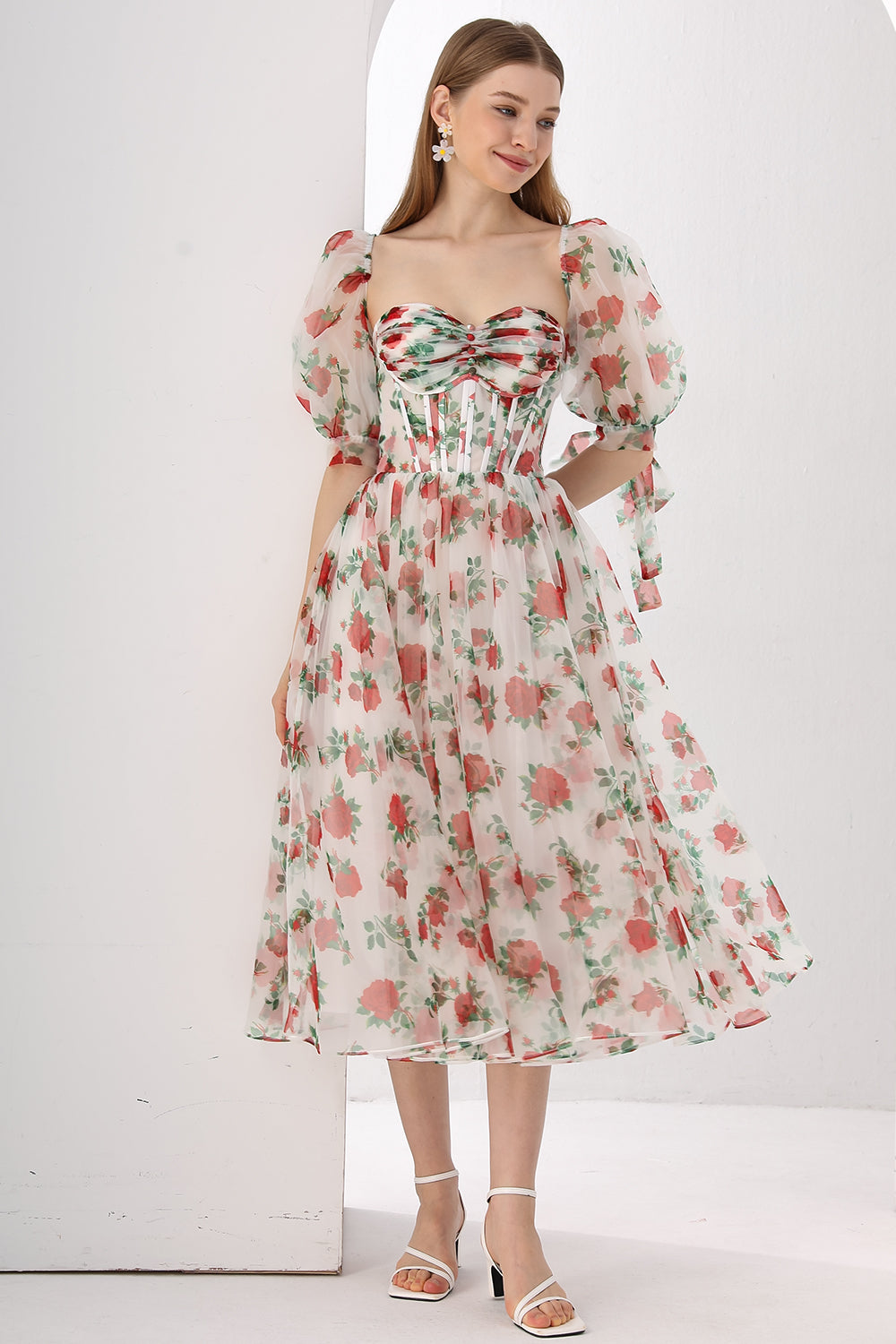 MissJophiel Corset Floral Print Organza Midi Dress with Puff Sleeves