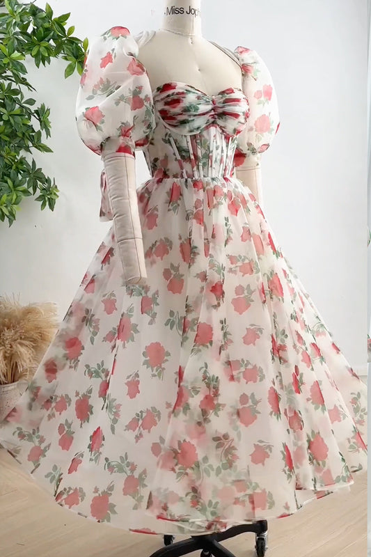 MissJophiel Corset Floral Print Organza Midi Dress with Puff Sleeves