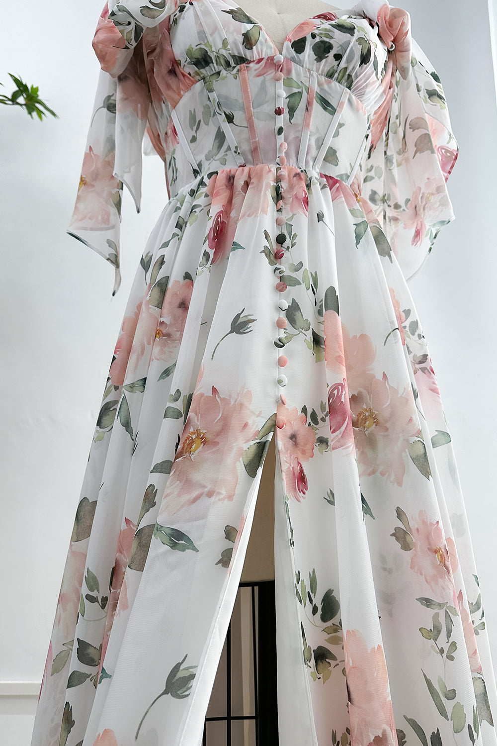 Infinity Corset V Neck Floral Print Chiffon Dress with Slit