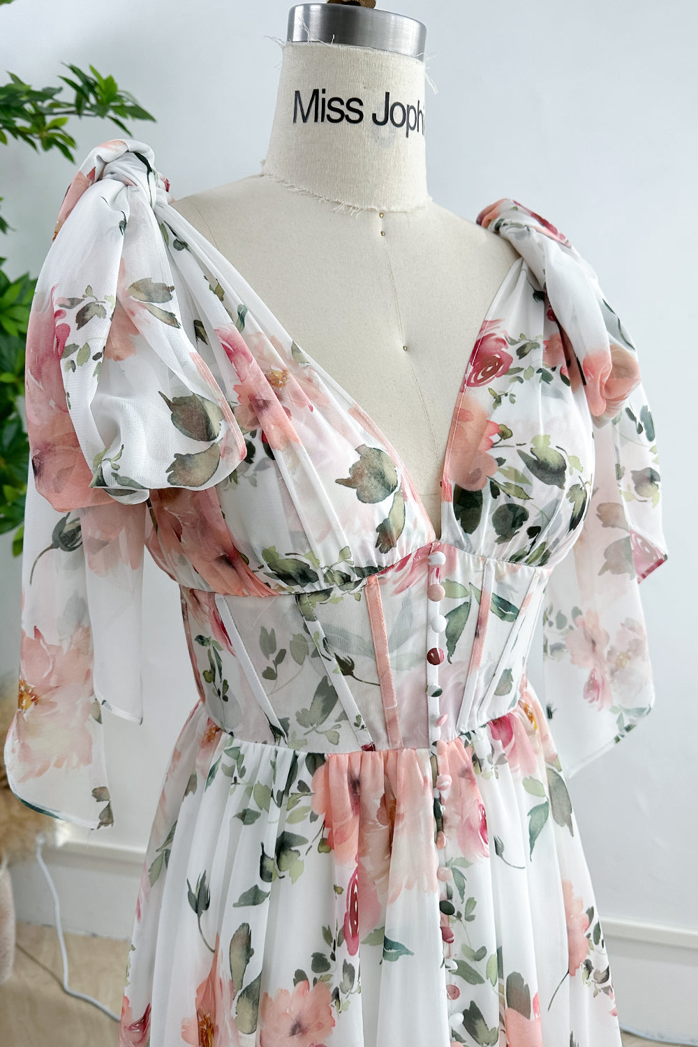 Infinity Corset V Neck Floral Print Chiffon Dress with Slit