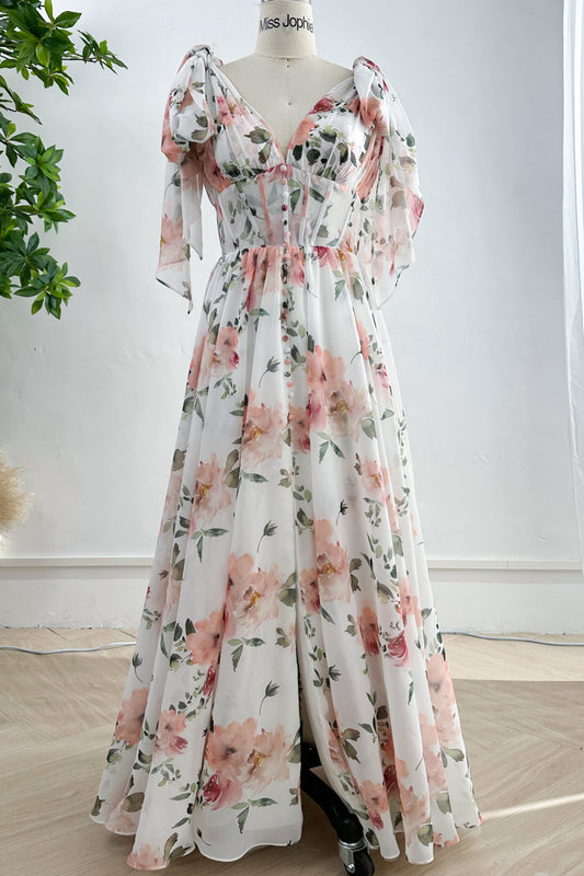 MissJophiel Infinity Corset V Neck Floral Print Chiffon Dress with Slit