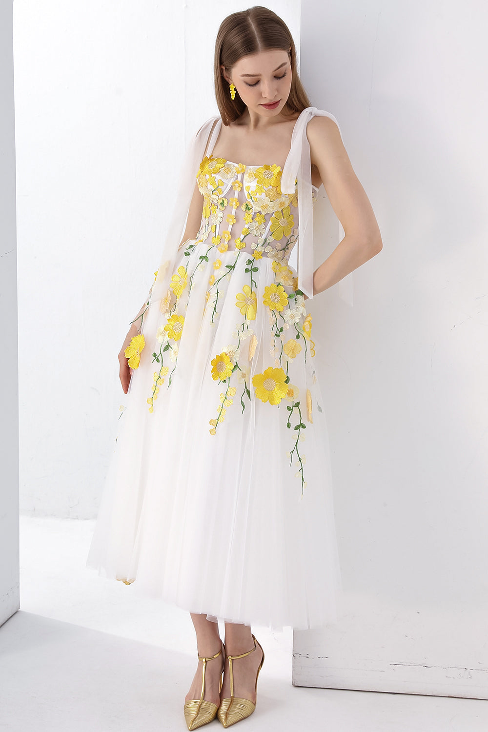 MissJophiel Corset Yellow Floral Applique Ivory Slit Dress with Tie Straps