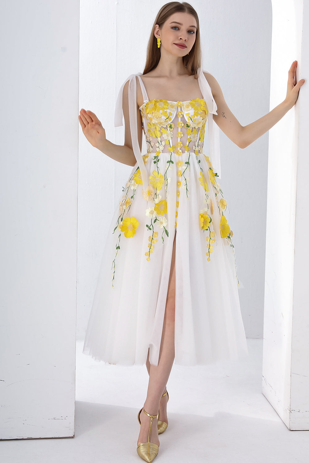 MissJophiel Corset Yellow Floral Applique Ivory Slit Dress with Tie Straps
