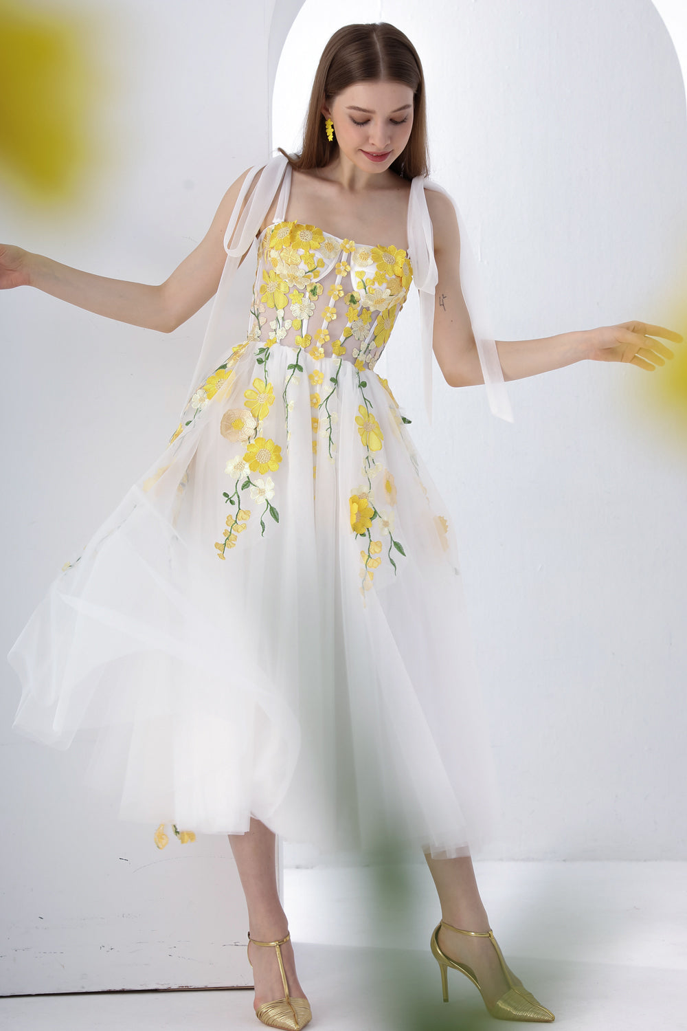 MissJophiel Corset Yellow Floral Applique Ivory Slit Dress with Tie Straps Ivory/Yellow / Above Knee / US16
