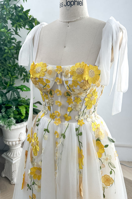 MissJophiel Corset Yellow Floral Applique Ivory Slit Dress with Tie Straps
