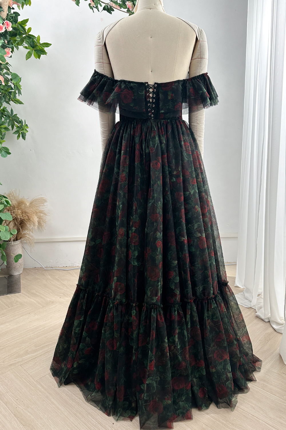 MissJophiel Corset Off the Shoulder Black Floral Print Tiered Dress