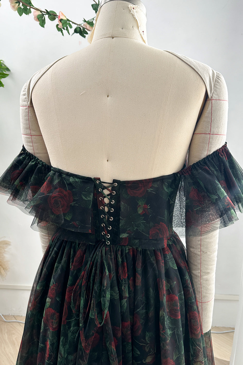 Corset Off the Shoulder Black Floral Print Tiered Dress
