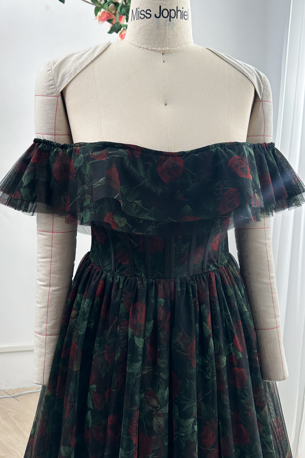Corset Off the Shoulder Black Floral Print Tiered Dress