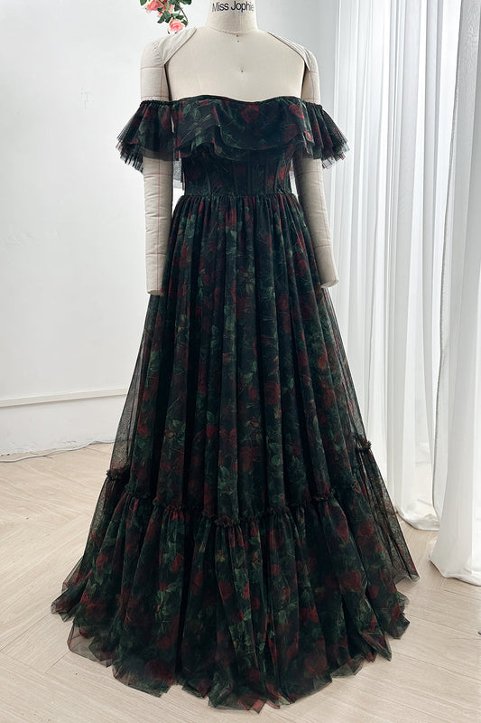 MissJophiel Corset Off the Shoulder Black Floral Print Tiered Dress