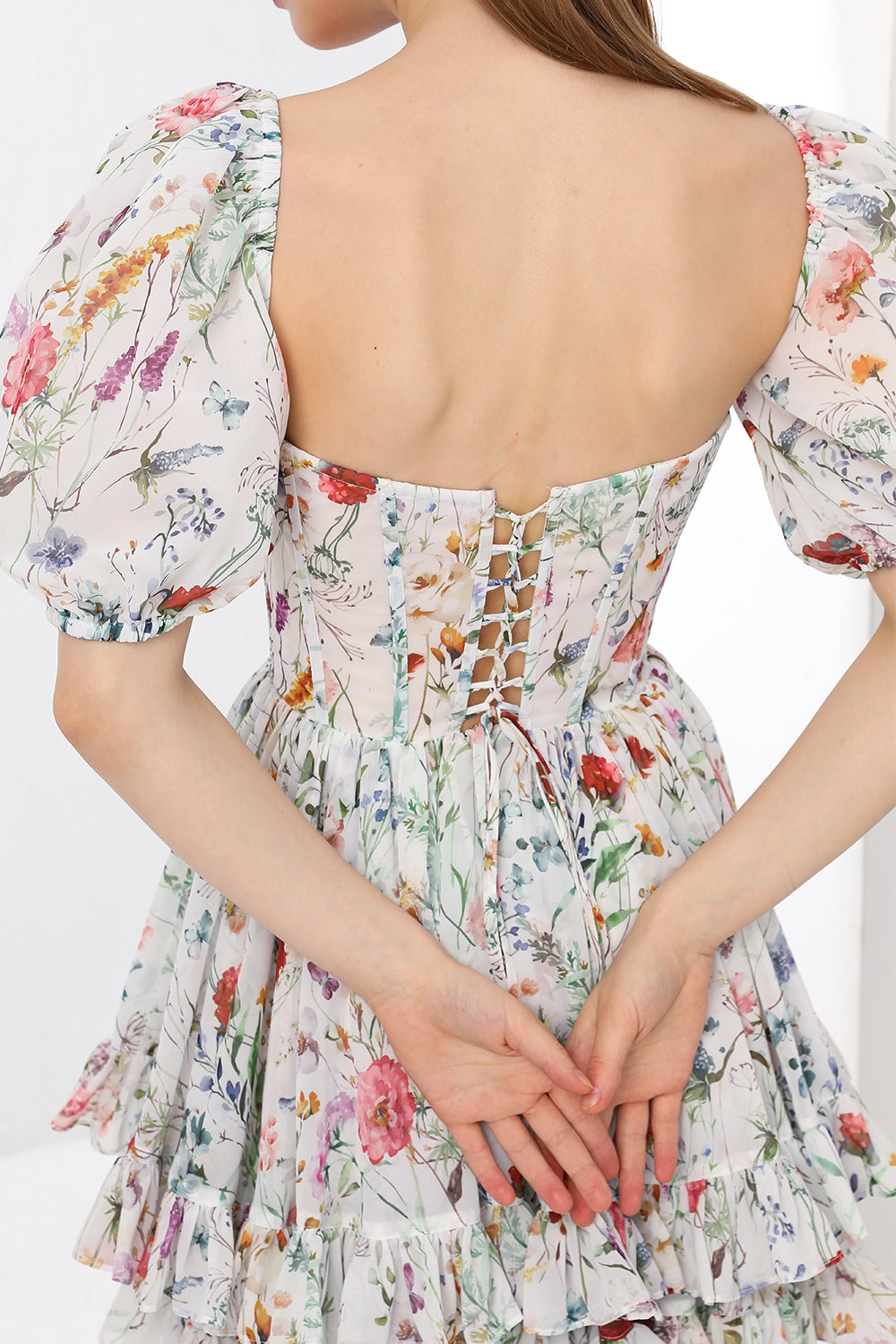 Corset Floral Print Chiffon Mini Dress with Puff Sleeves