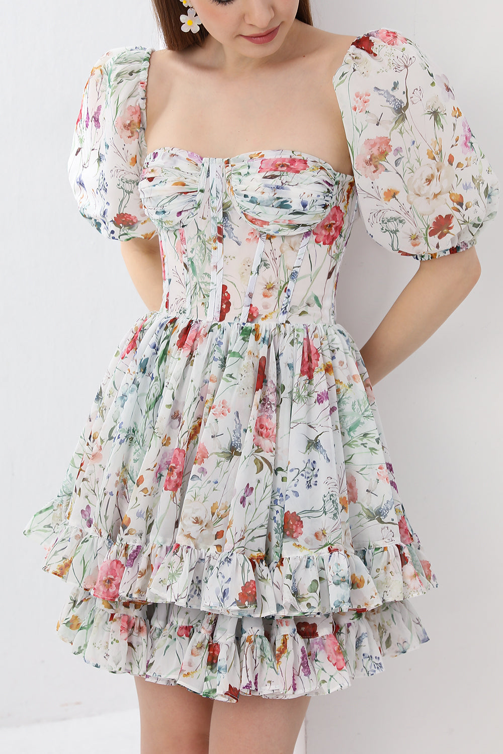 Corset Floral Print Chiffon Mini Dress with Puff Sleeves