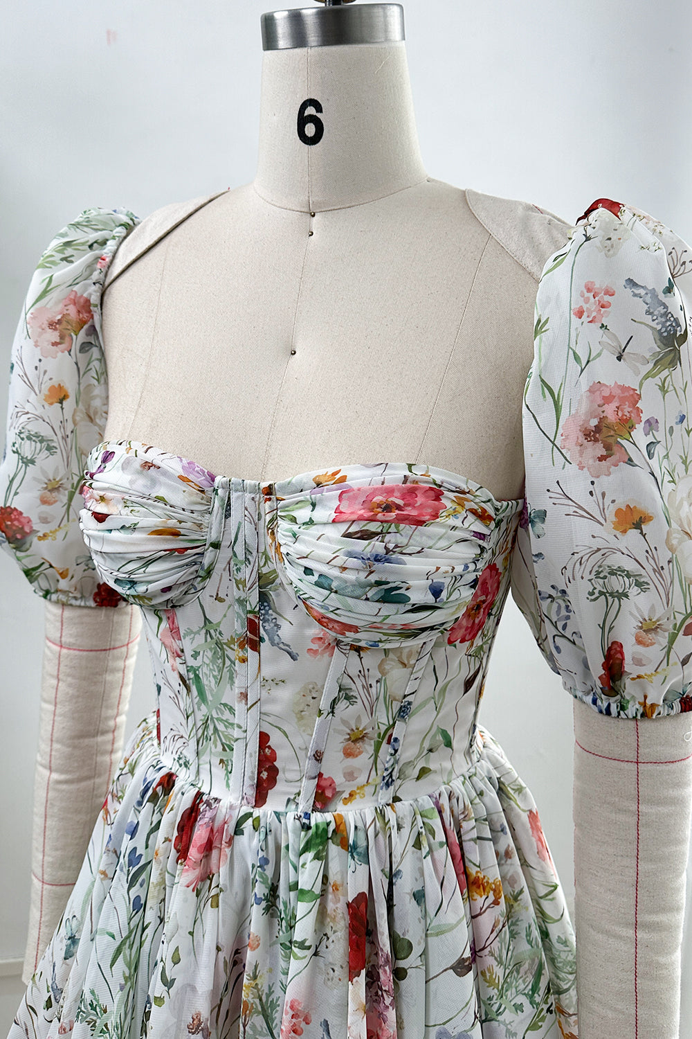Corset Floral Print Chiffon Mini Dress with Puff Sleeves