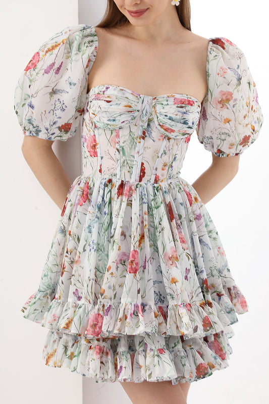 Corset Floral Print Chiffon Mini Dress with Puff Sleeves