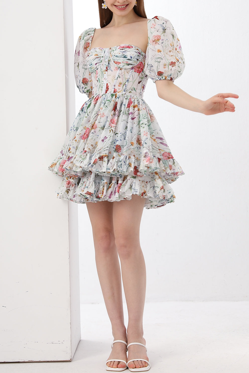 Corset Floral Print Chiffon Mini Dress with Puff Sleeves