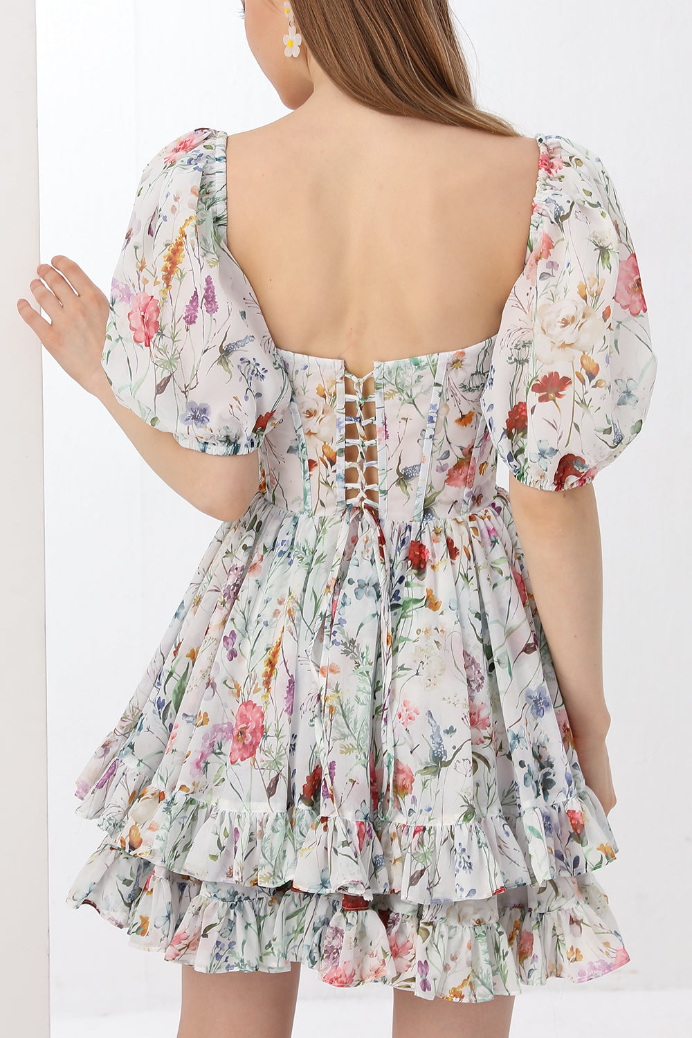 MissJophiel Corset Floral Print Chiffon Mini Dress with Puff Sleeves