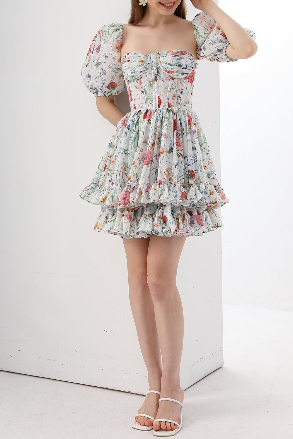 Corset Floral Print Chiffon Mini Dress with Puff Sleeves