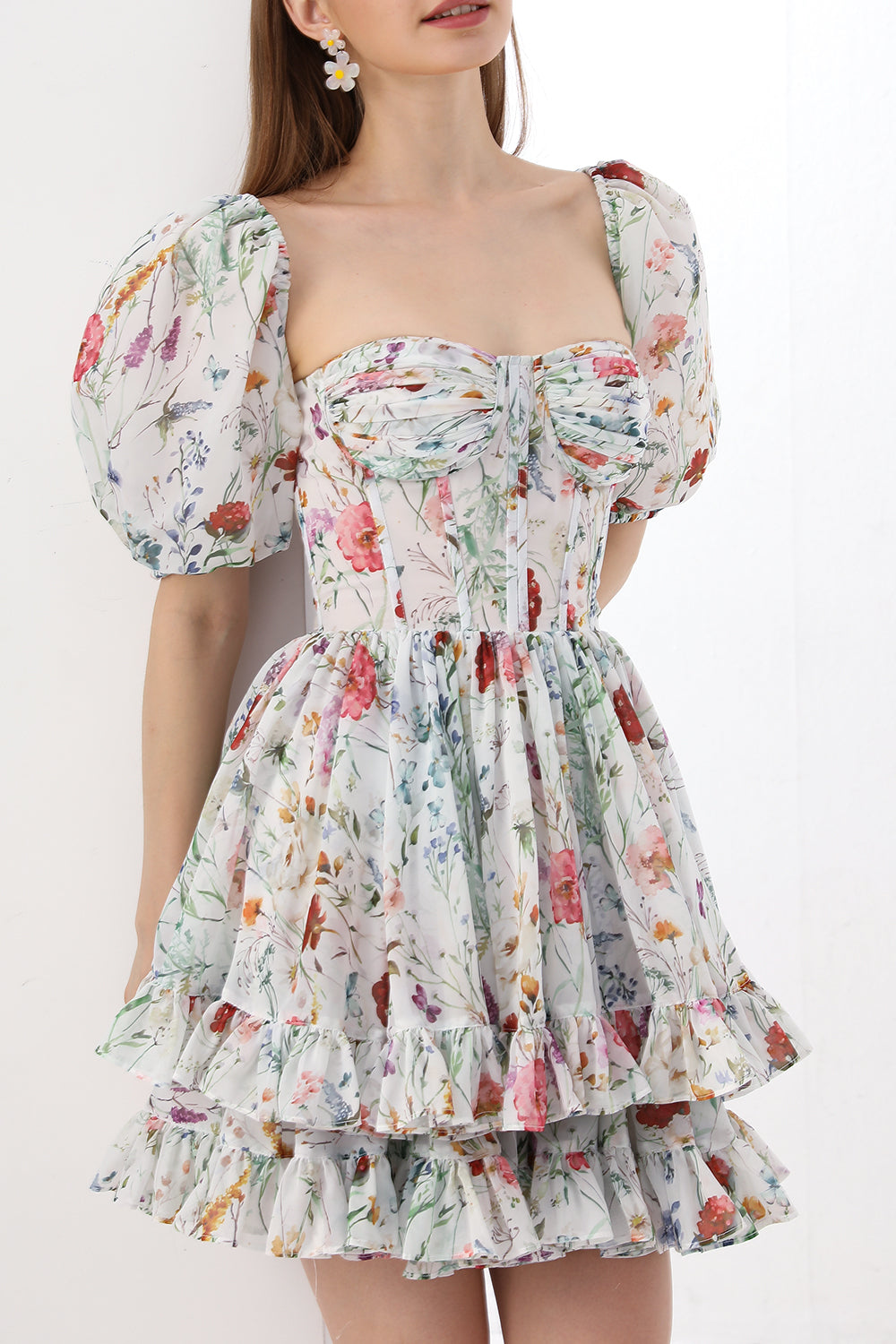 Corset Floral Print Chiffon Mini Dress with Puff Sleeves