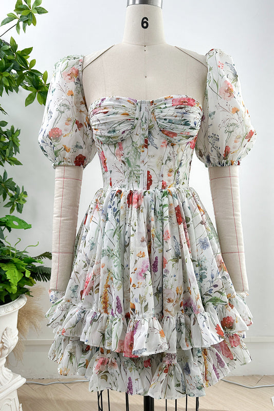 MissJophiel Corset Floral Print Chiffon Mini Dress with Puff Sleeves