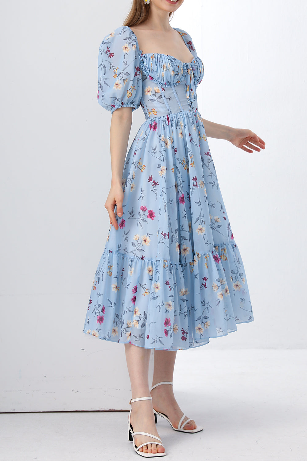 harlow jacquard corset puff sleeve midi dress in blue purple Puff-Sleeve Square-Neck Mesh Midi Dress