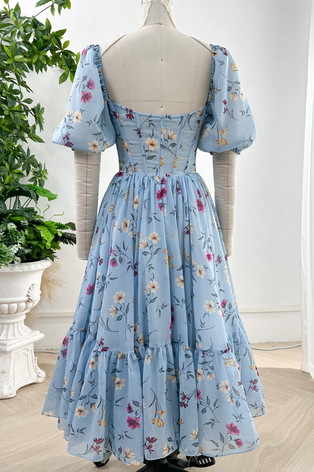 MissJophiel Corset Puff Sleeves Blue Floral Print Midi Dress with Slit