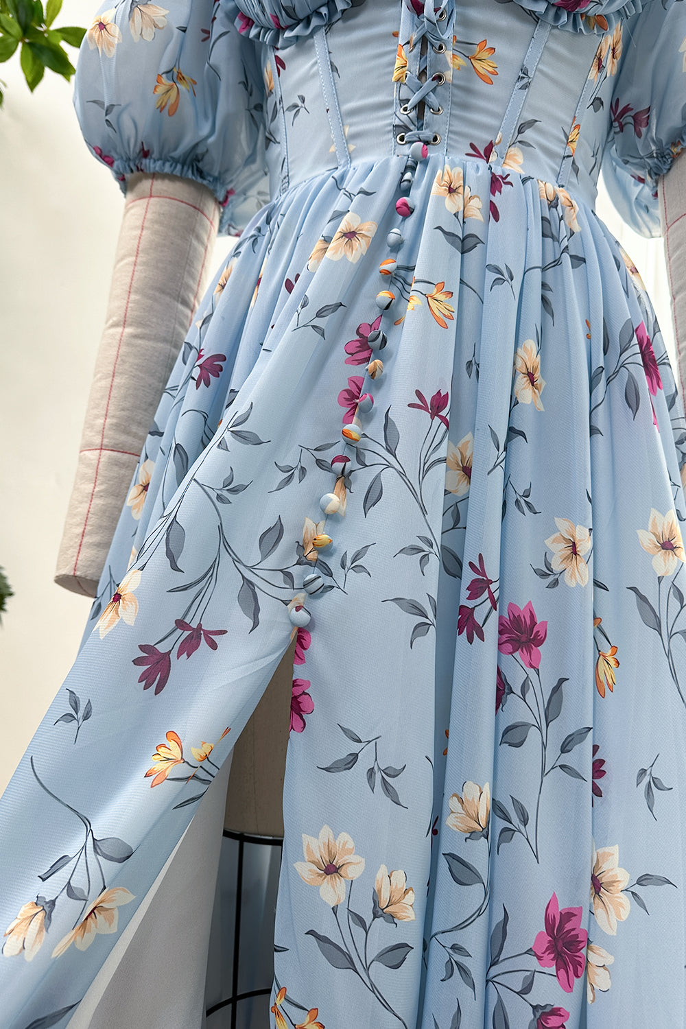 Corset Puff Sleeves Blue Floral Print Midi Dress with Slit