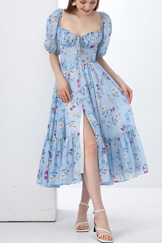 Corset Puff Sleeves Blue Floral Print Midi Dress with Slit