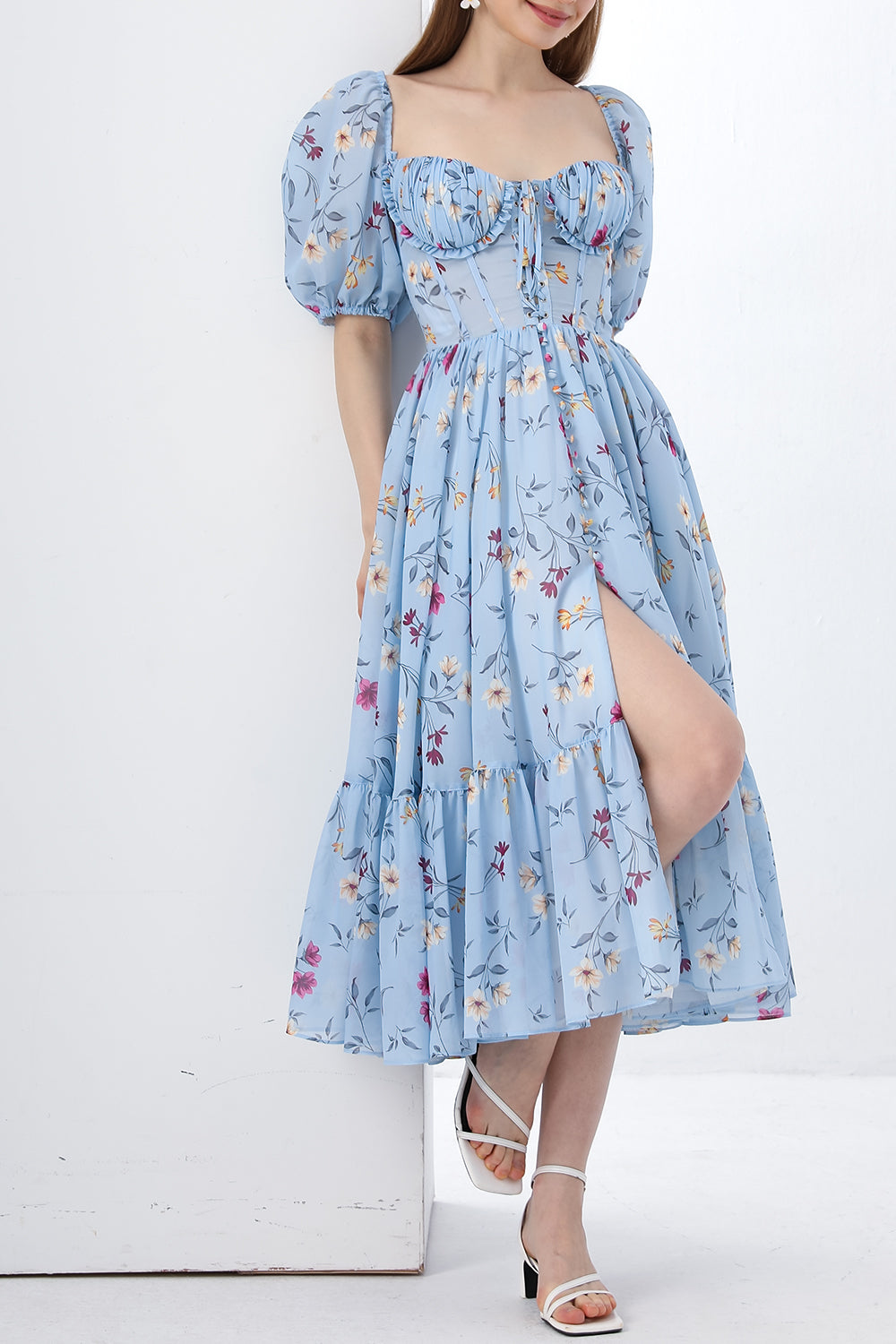 ae puff sleeve corset midi dress MissJophiel Corset Floral Print Organza Midi Dress with removable puff sleeves Other / Tea Length / US4