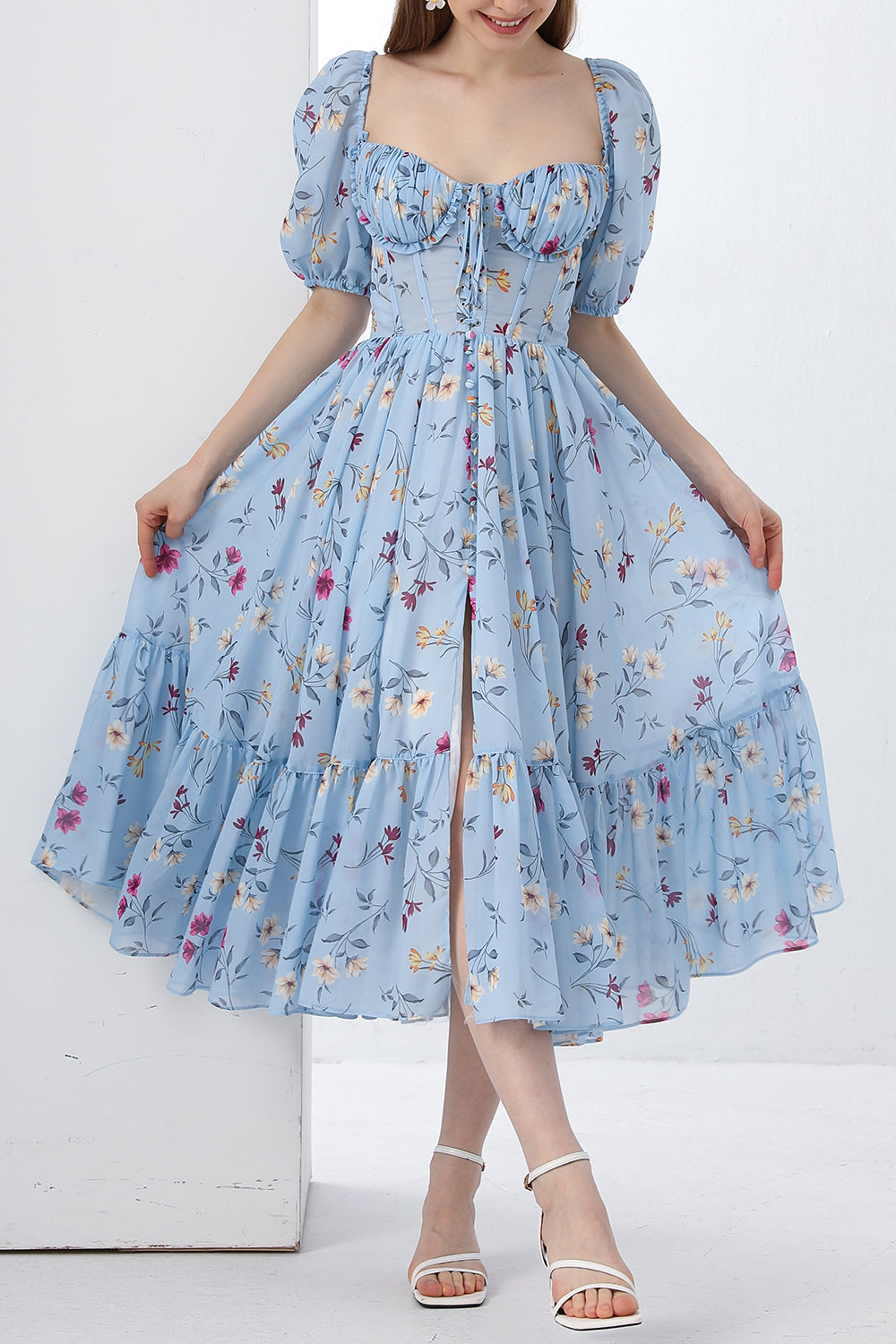 harlow jacquard corset puff sleeve midi dress in blue purple Lavish Alice Jacquard Corset Detail Puff Sleeve Midi Dress in Blue