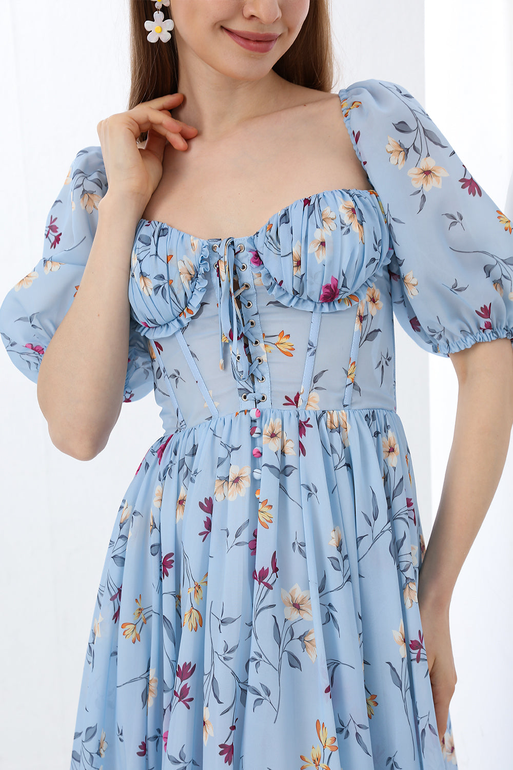 MissJophiel Corset Puff Sleeves Blue Floral Print Midi Dress with Slit Other / Above Knee / US6 MissJophiel Corset Puff Sleeves Blue Floral Print Midi Dress with Slit Other / Above Knee / US6