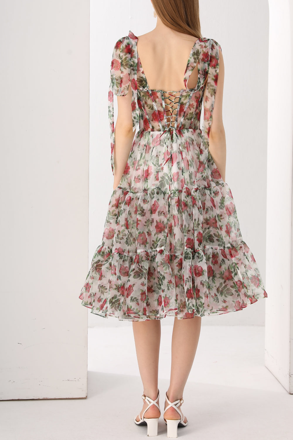 Corset Floral Print Organza Tiered Dress with Tie Straps
