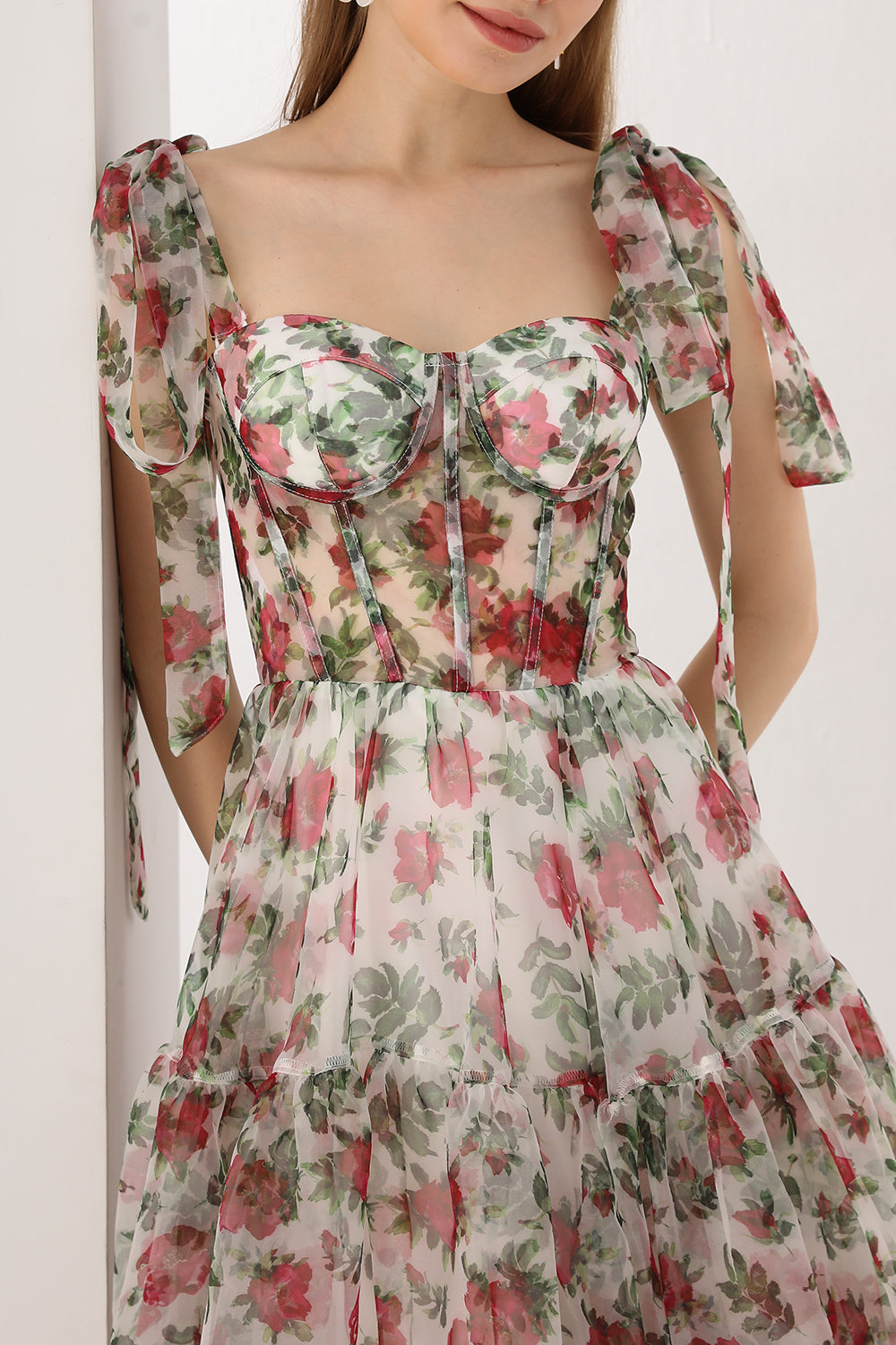 MissJophiel Corset Floral Print Organza Tiered Dress with Tie Straps