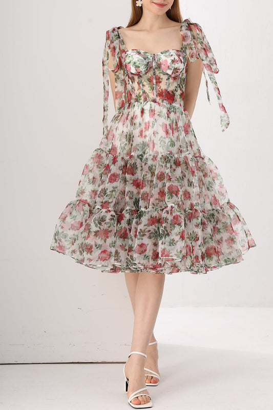 Corset Floral Print Organza Tiered Dress with Tie Straps