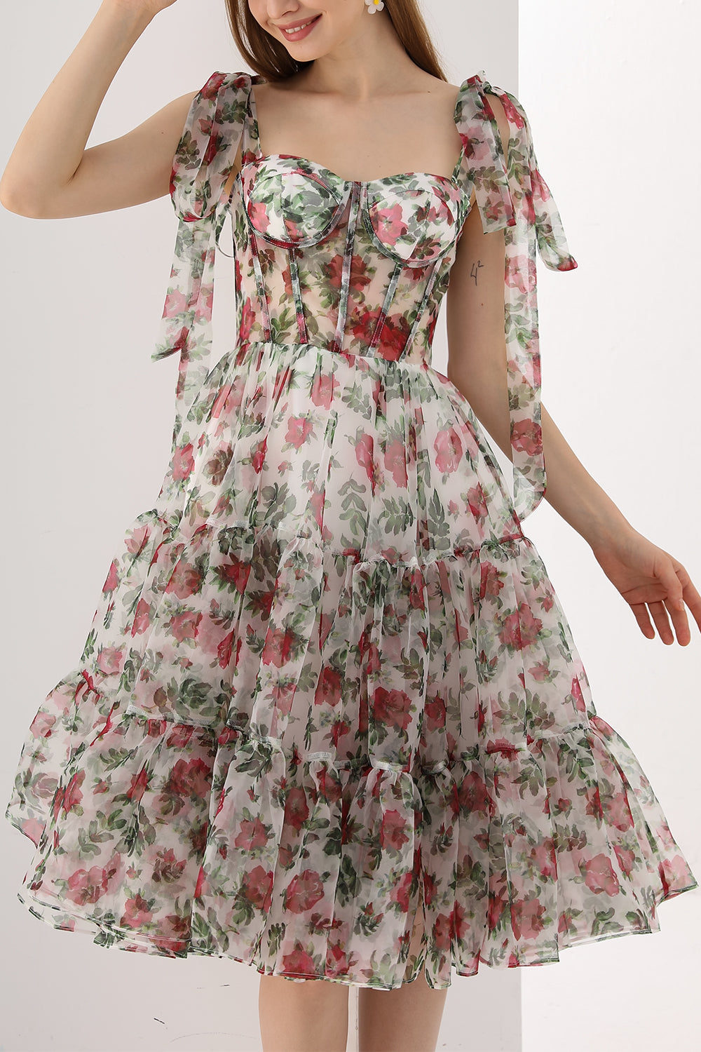 MissJophiel Corset Floral Print Organza Tiered Dress with Tie Straps