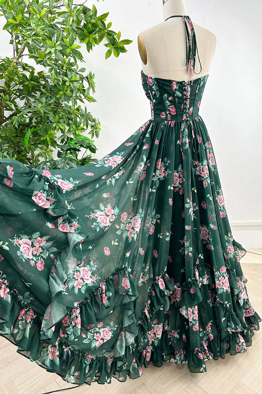 MissJophiel Halter V Neck Corset Floral Print Chiffon Dark Green Dress Other / Floor Length / US12 MissJophiel Halter V Neck Corset Floral Print Chiffon Dark Green Dress Other / Floor Length / US12