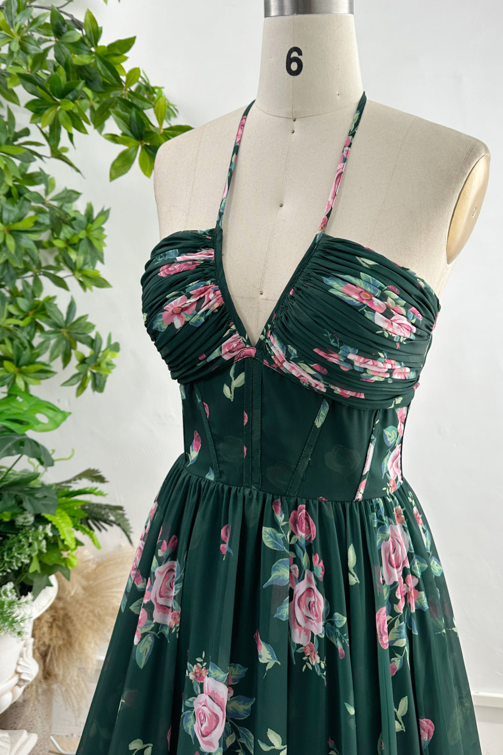 Halter V Neck Corset Floral Print Chiffon  Dark Green Dress