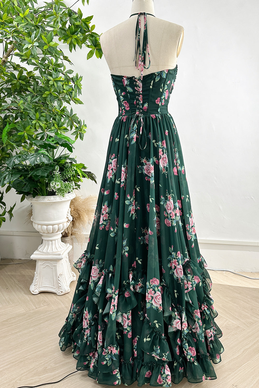 MissJophiel Halter V Neck Corset Floral Print Chiffon Dark Green Dress Other / Floor Length / US12 MissJophiel Halter V Neck Corset Floral Print Chiffon Dark Green Dress Other / Floor Length / US12