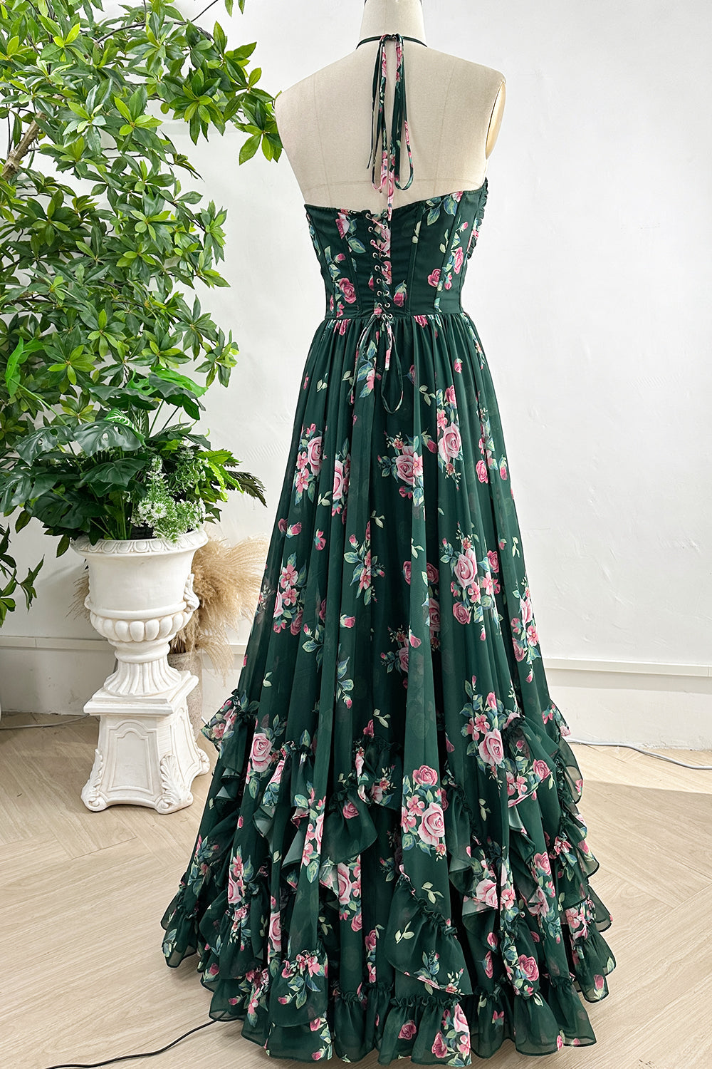 Halter V Neck Corset Floral Print Chiffon  Dark Green Dress