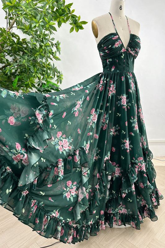 MissJophiel Halter V Neck Corset Floral Print Chiffon  Dark Green Dress