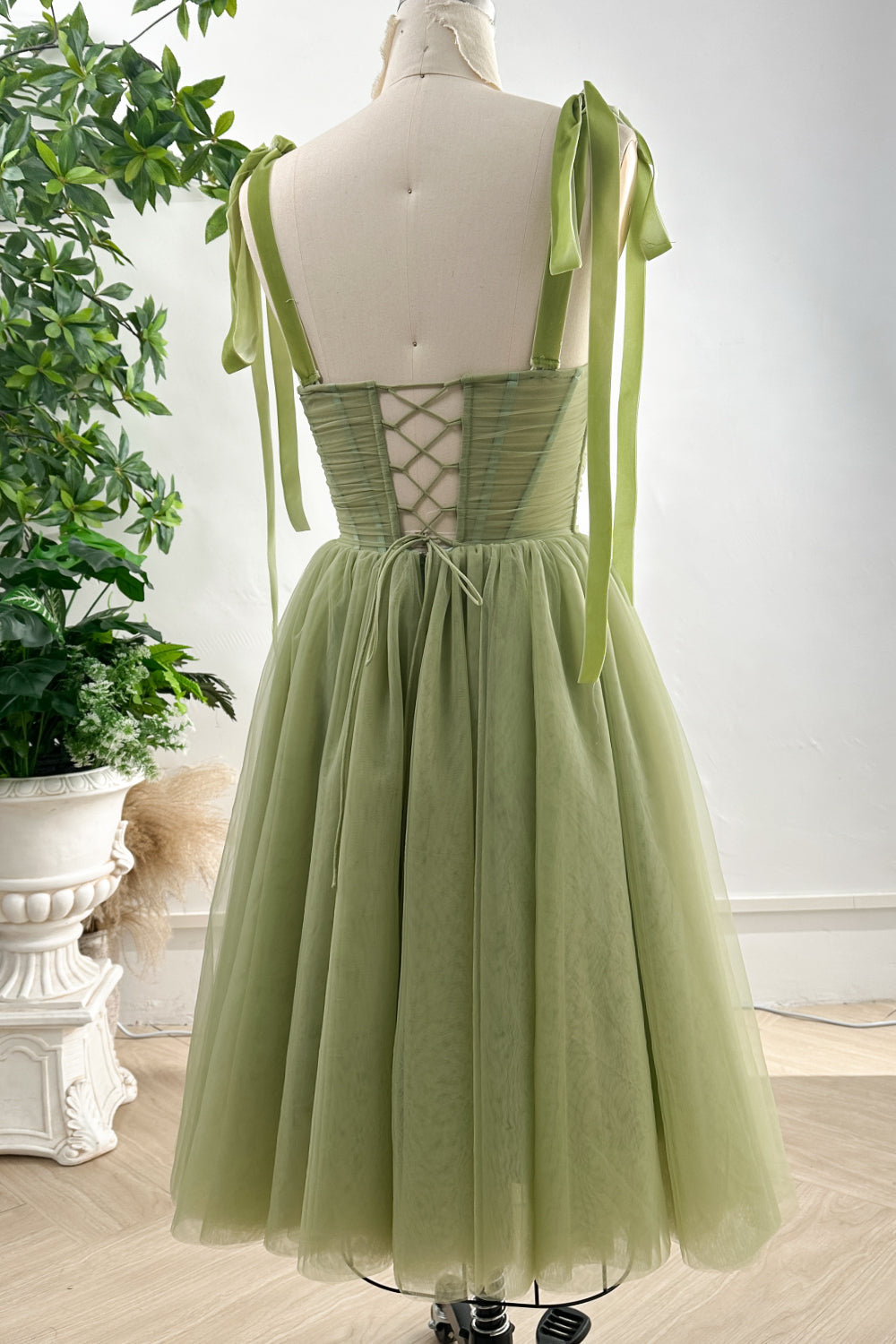 MissJophiel Corset Lace Up Back Tulle Midi Dress with Removable Tie Straps Sage Green / Above Knee / US10 MissJophiel Corset Lace Up Back Tulle Midi Dress with Removable Tie Straps Sage Green / Above Knee / US10