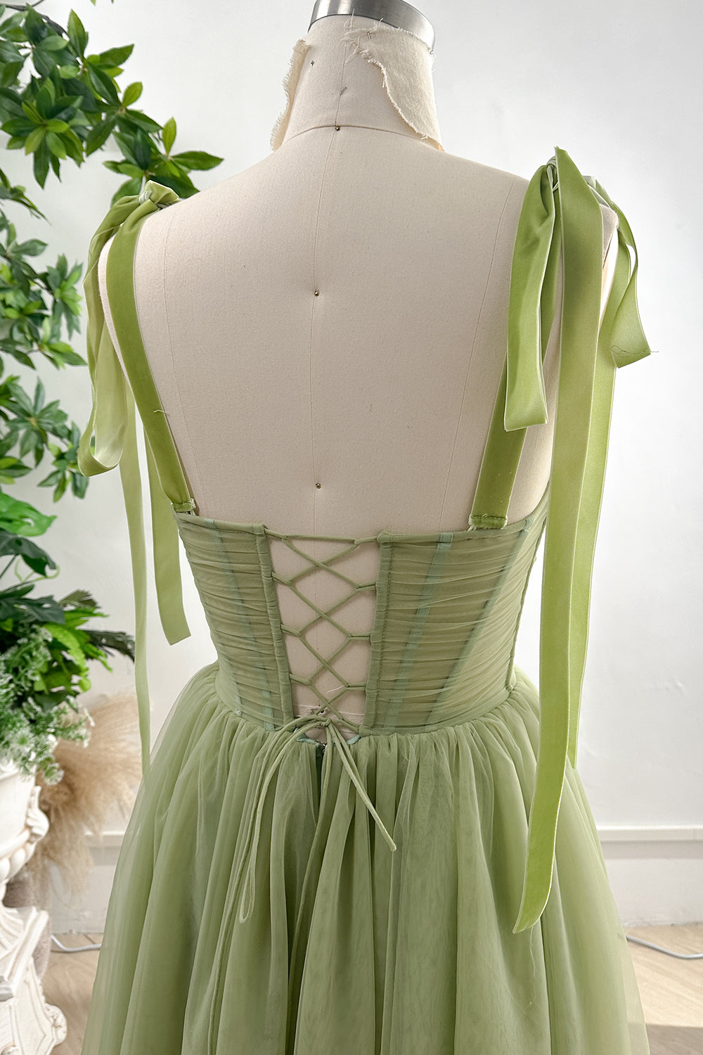 MissJophiel Corset Lace Up Back Tulle Midi Dress with Removable Tie Straps