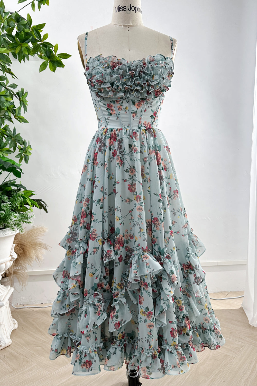 MissJophiel Spaghetti Straps Corset Floral Print Chiffon Dress