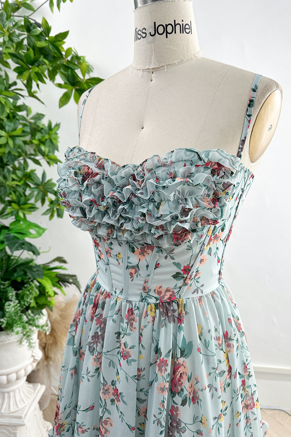 Spaghetti Straps Corset Floral Print Chiffon Dress