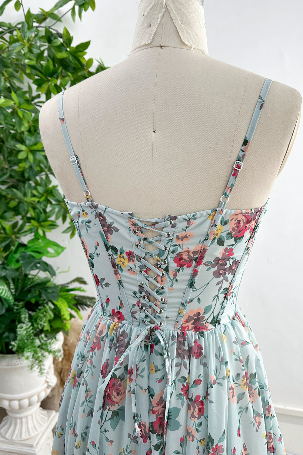 Spaghetti Straps Corset Floral Print Chiffon Dress